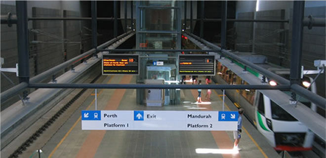 Esplanade Station, Perth, Australia. Quietstone visable on the walls. This lowered reverberation times to reduce rail noise, improve clarity of voice announcements and provide a more comfortable environment for passengers.